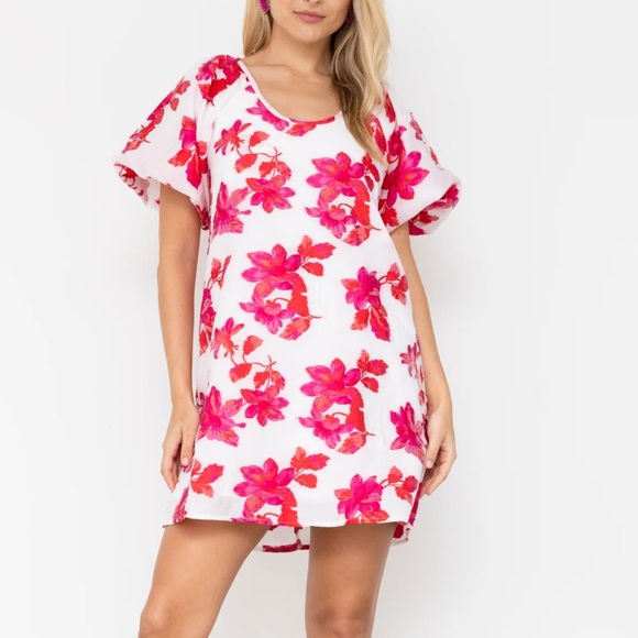 NEW pink fuscia floral jacquard bubble puff sleeve dress with bow back - Picture 6 of 13